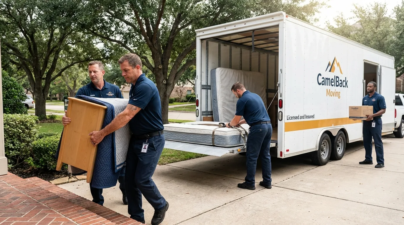 Crew loading residential truck for cross-state move from Caribou, ME