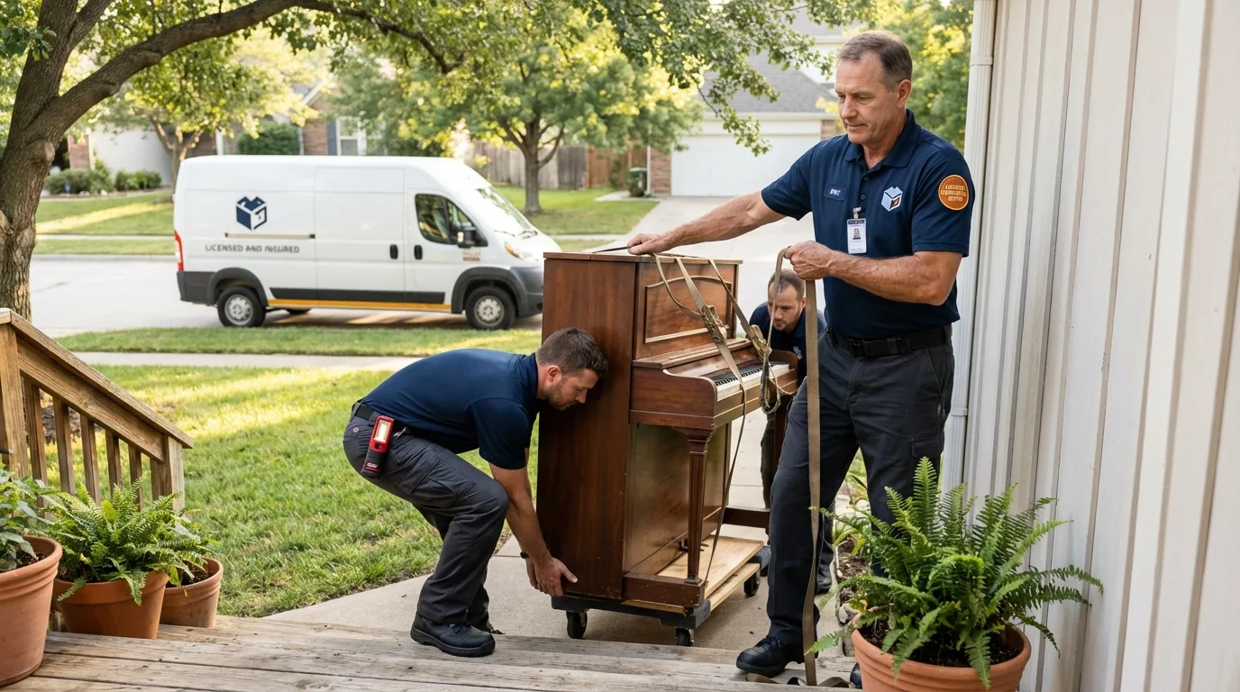 Licensed piano movers securing grand piano in Caribou, ME