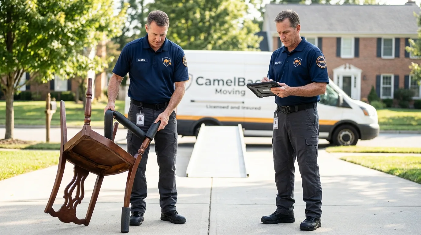 Movers inspecting furniture for damage prevention before loading in Caribou, ME