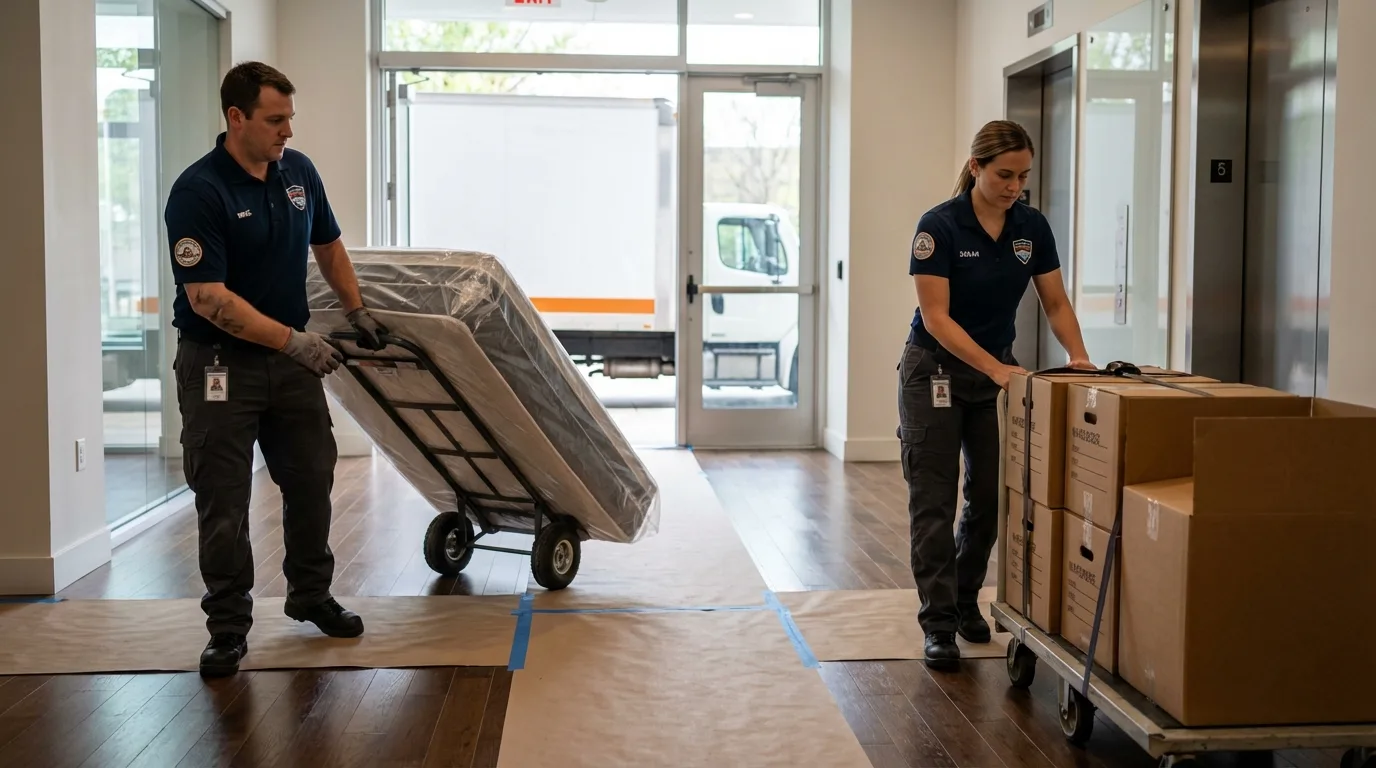 Professional apartment movers loading elevator in Caribou, ME